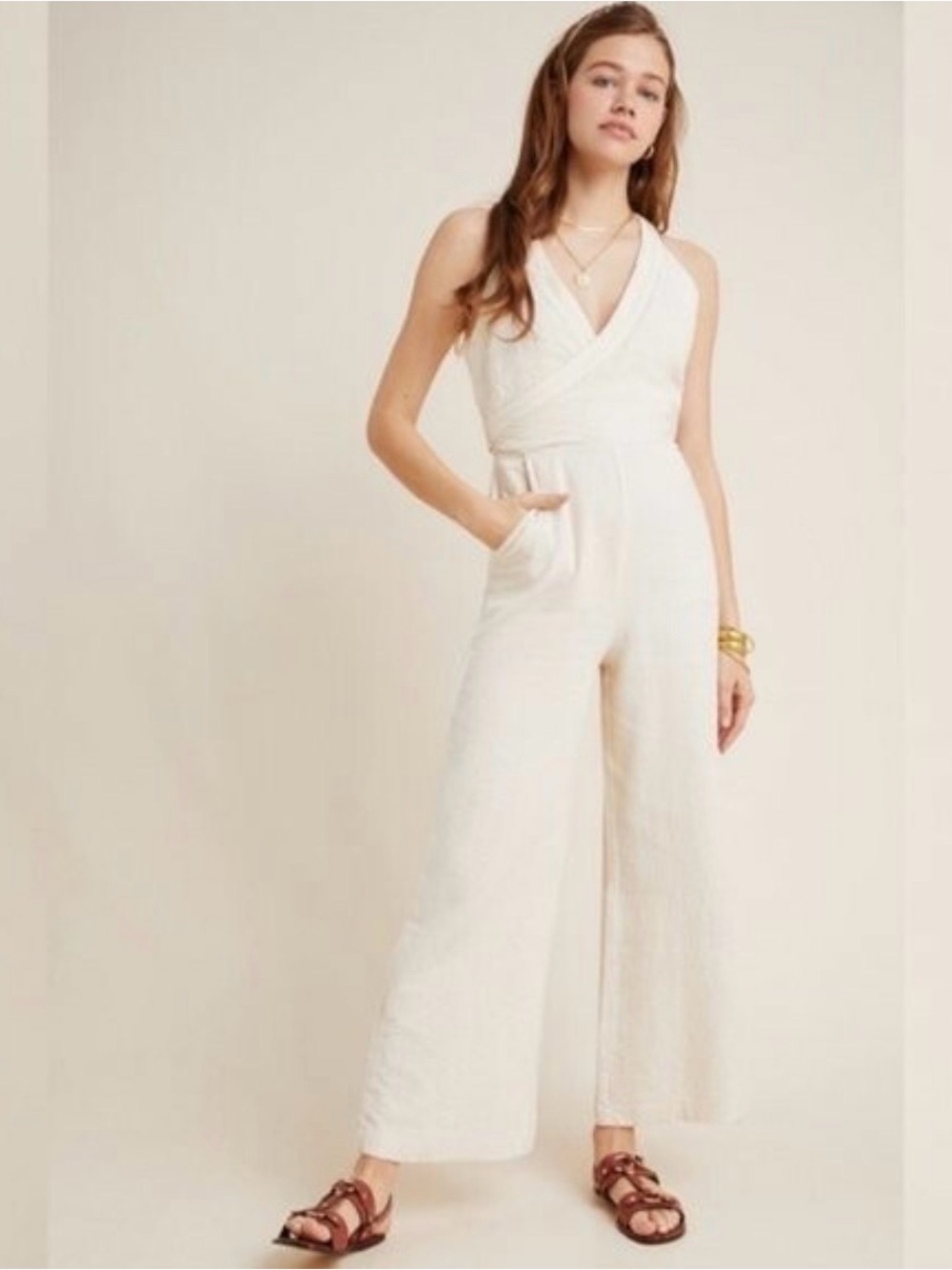 Anthropologie | Demi Textured Jumpsuit Sleeveless Cream Wide-Leg Size 4